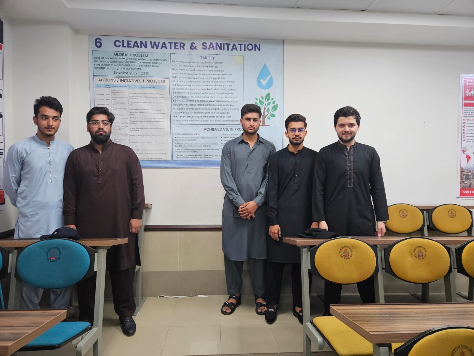 Students presenting a poster on clean water and sanitation.